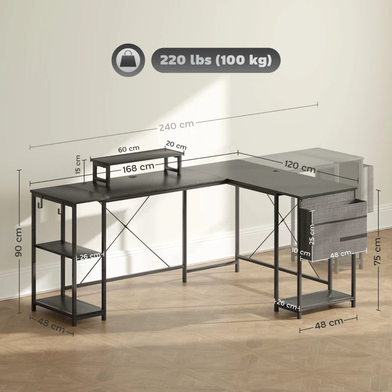 Reversible 168cm L Shaped Desk - Industrial Corner Computer Table with Adjustable Shelf & Storage Bag, 240cm for 2 Users, Black