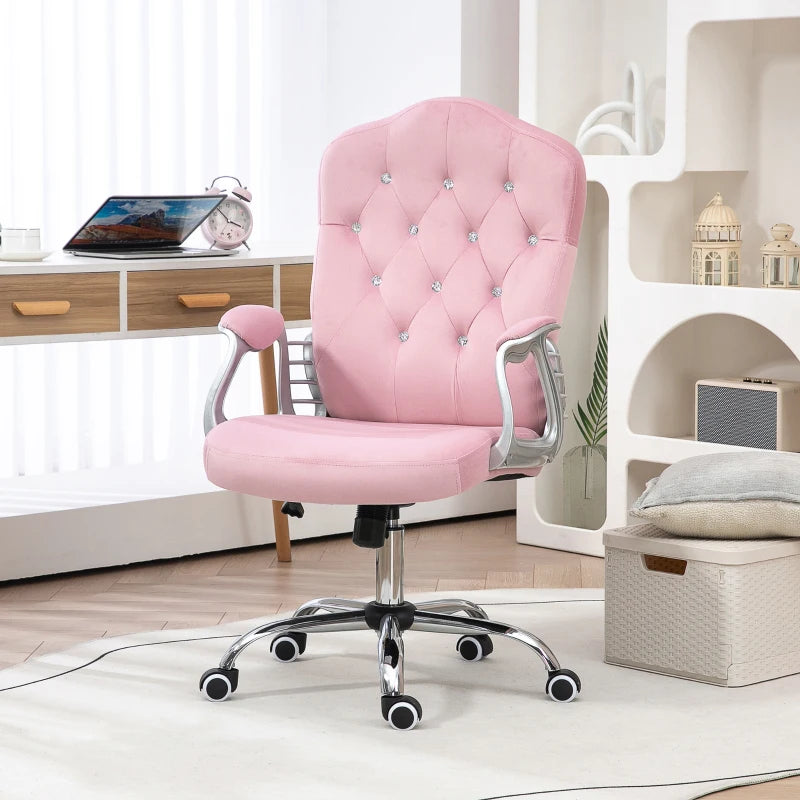 Vinsetto Pink Velvet-Feel Office Chair with Diamante Back - Stylish Ergonomic Design for Home & Office
