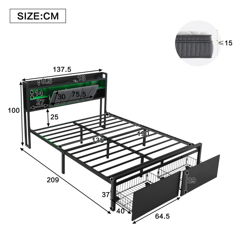 Modern Metal Bed Frame with LED Lights & Charging Ports, Storage Drawers, Padded Headboard, 209x137.5x100 cm, Black