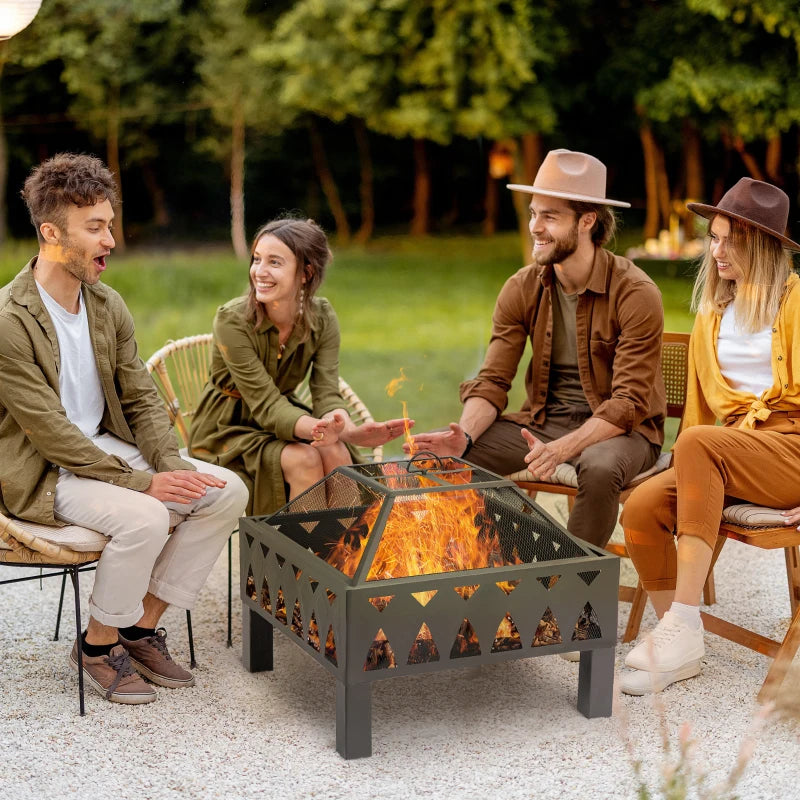 66cm Black Outdoor Fire Pit with Screen Cover & Poker - Wood Burning Firepit Bowl for Patio & Backyard