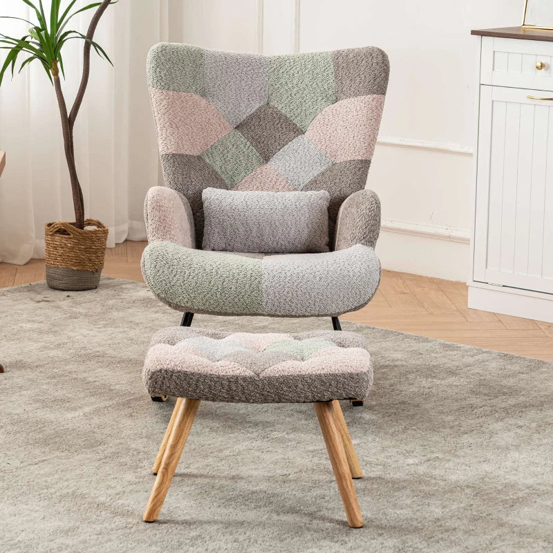 Stylish Rocking Garden Chair Set with Footstool and Pillow, Wingback Design, Solid Wood Legs, Blue and Grey