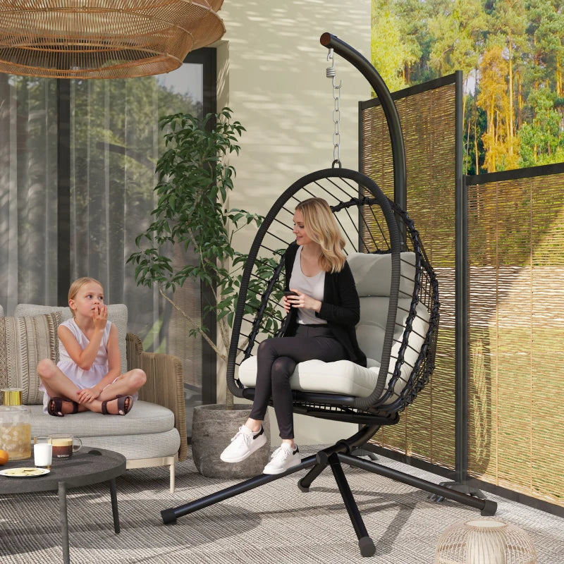 Black Outdoor PE Rattan Swing Chair with Cushion - Foldable Garden Hanging Egg Chair with Metal Stand and Headrest for Indoor and Outdoor Use