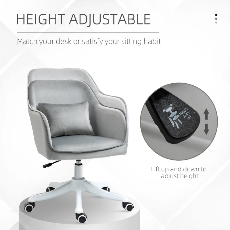 Vinsetto Grey Velvet Office Chair with Massage Lumbar Pillow, Rolling Wheels - Stylish Desk & Makeup Vanity Chair for Home