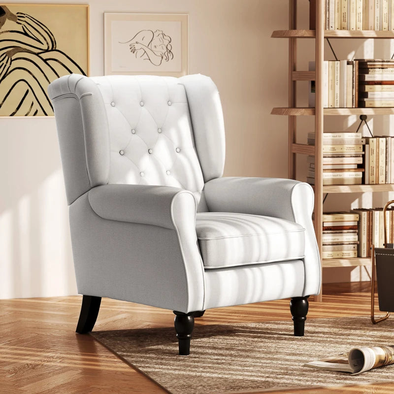 Retro Upholstered Wingback Accent Chair with Button Tufting for Living Room and Bedroom in Cream White