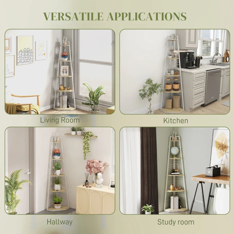 Stylish Five-Tier Corner Shelf - White and Wood-Effect Storage Solution for Home Decor and Organization
