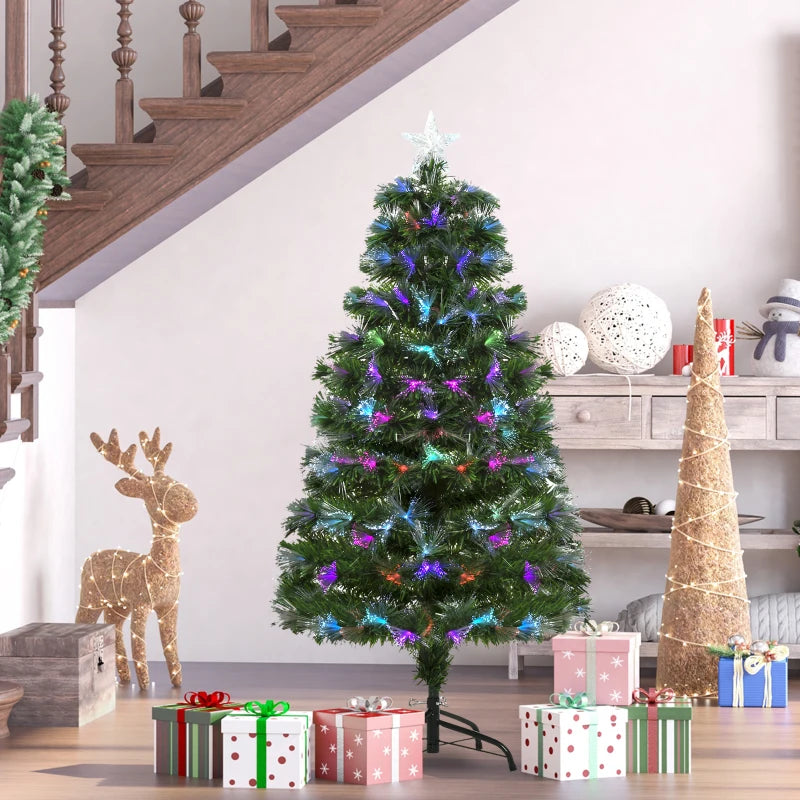 4FT Multicoloured Artificial Christmas Tree with Fibre Optic Lights, Pre-Lit Modes, Metal Stand & Star Holder - Festive Home Decoration