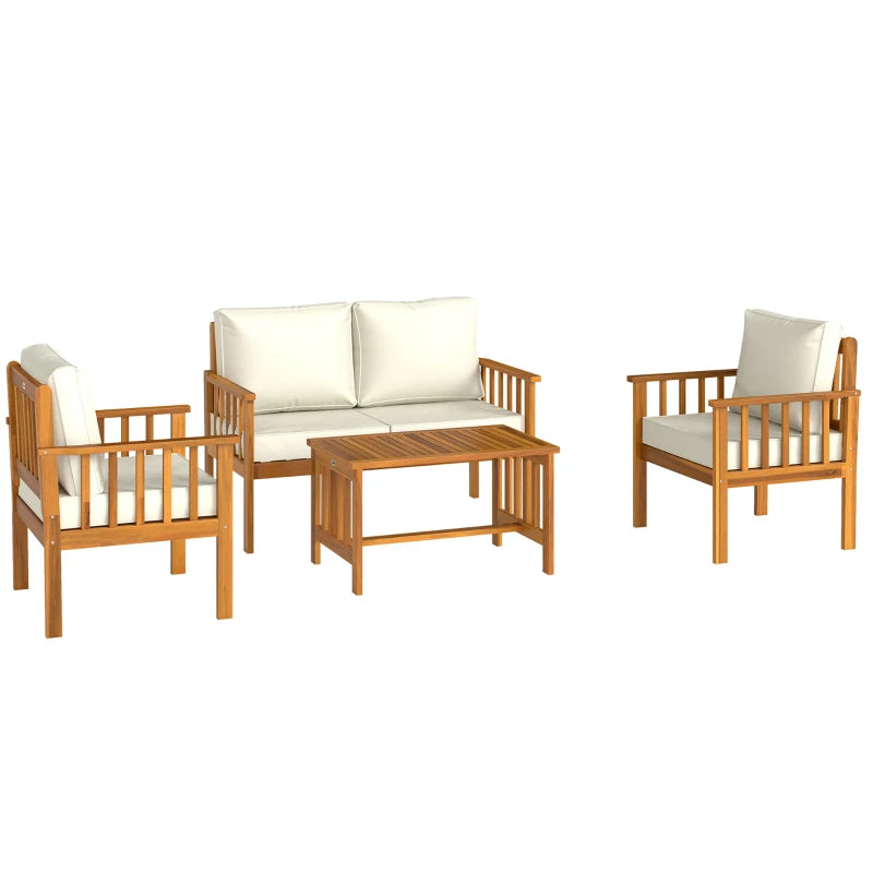 Four-Piece Acacia Wood Garden Sofa Set with Teak Finish and Cream Cushions