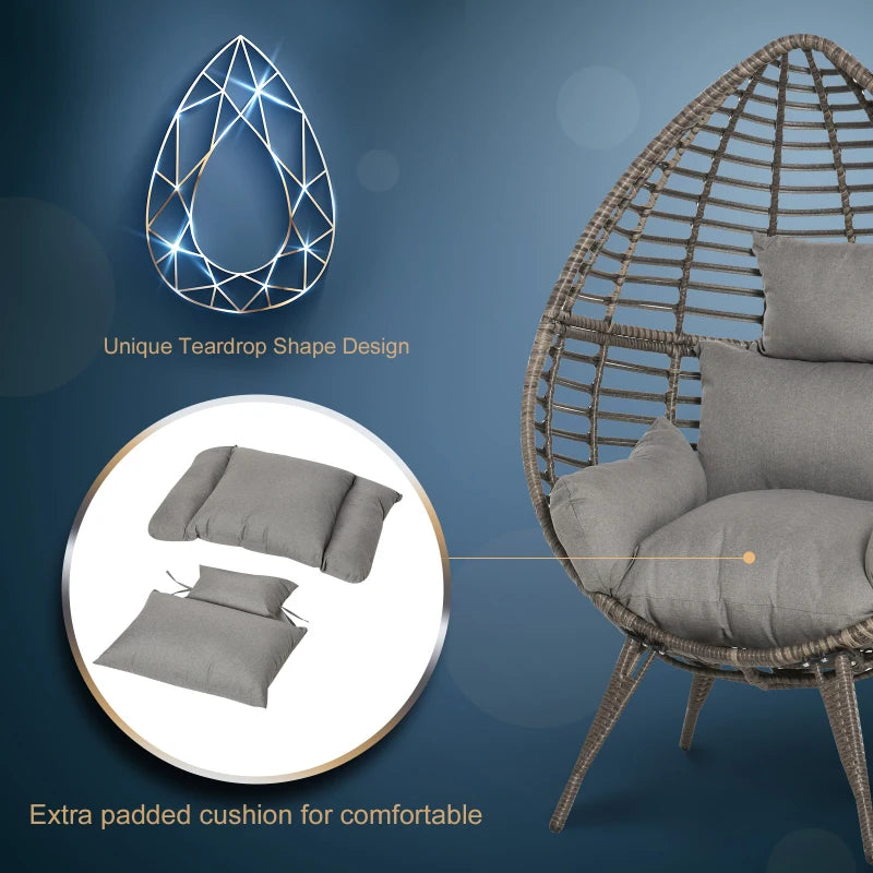 Teardrop Wicker Rattan Chair with Thick Cushions - Outdoor Egg Seat (Grey)