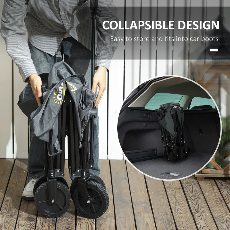 120L Grey Folding Garden Trolley Cart - Outdoor Collapsible Wagon with Wheels & Adjustable Handle for Beach, Camping & Festivals