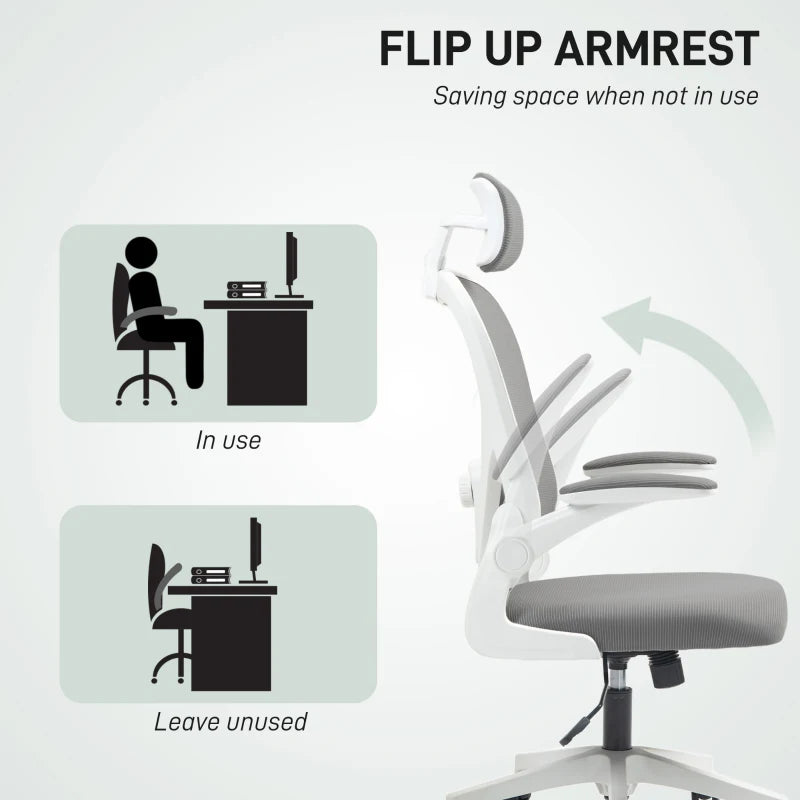 Ergonomic Executive Office Chair - High Back Mesh Desk Chair with Flip-Up Armrests, Rotatable Headrest & Adjustable Lumbar Support - Grey