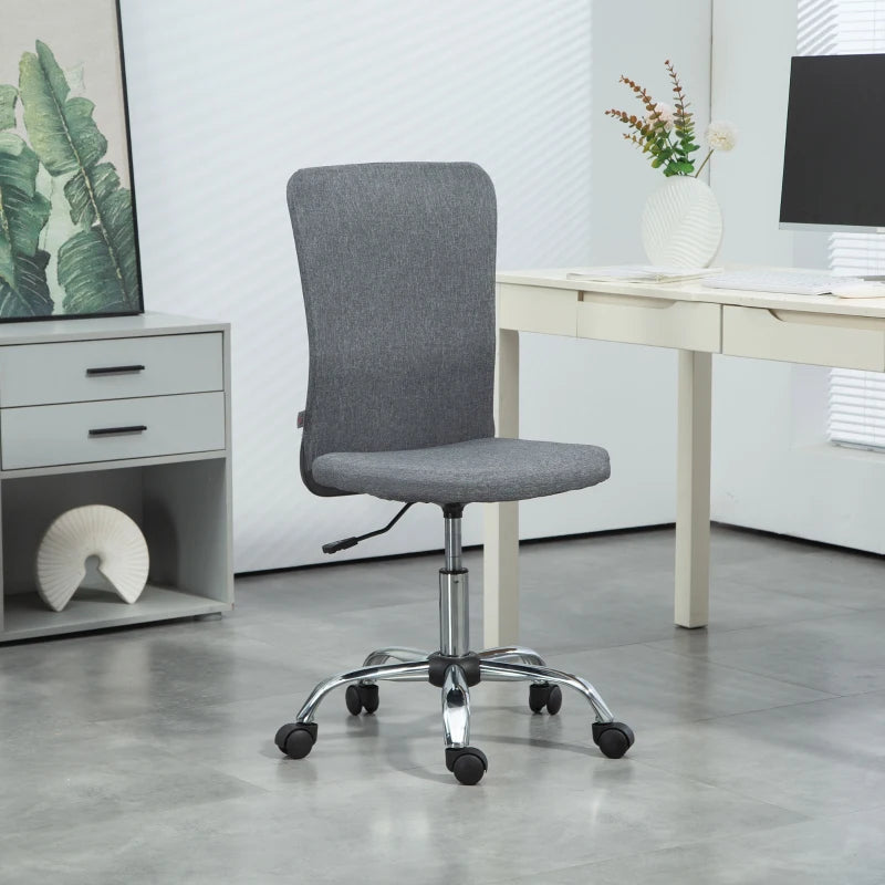Armless Grey Fabric Swivel Office Chair - Height Adjustable Makeup Vanity Chair with Wheels for Home Study & Bedroom
