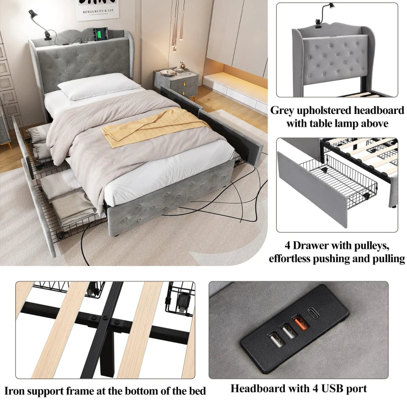 3FT Single Velvet Storage Bed with 4 Drawers, USB Ports & Table Lamp - Durable Gray Upholstered Design, 206.5L x 96.5W cm