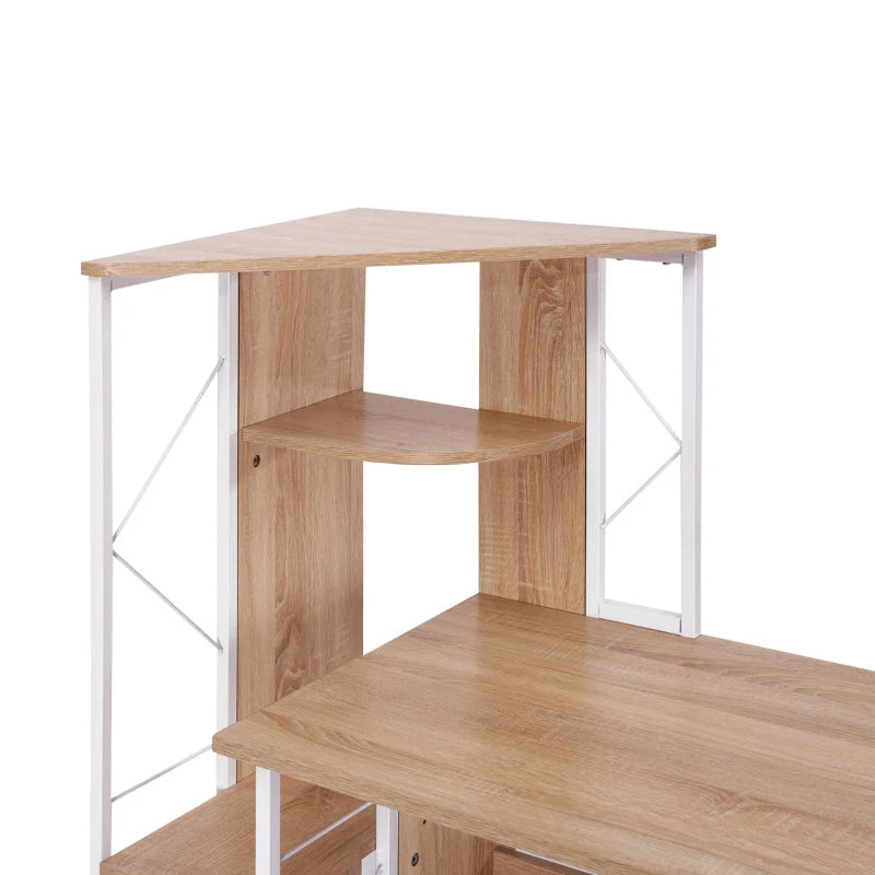 Oak Computer Desk with Drawers & Bookshelf - Stylish Writing Desk for Home Office & Study Workstation with Storage Shelves