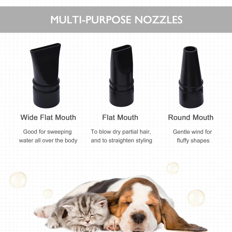 Professional Dog Hair Dryer - Adjustable Speed & Temperature Pet Grooming Blaster with 2.1M Hose & 3 Nozzles - Black