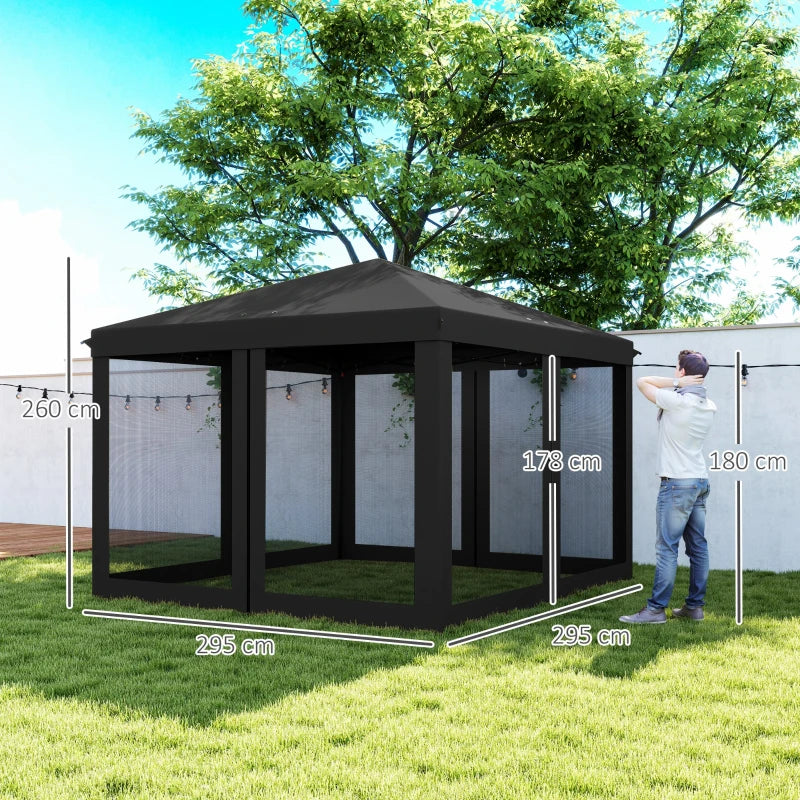 3m x 3m Black Pop Up Gazebo - 420D Garden Tent Canopy with Removable Mesh Sidewall Netting and Carry Bag for Outdoor Patio