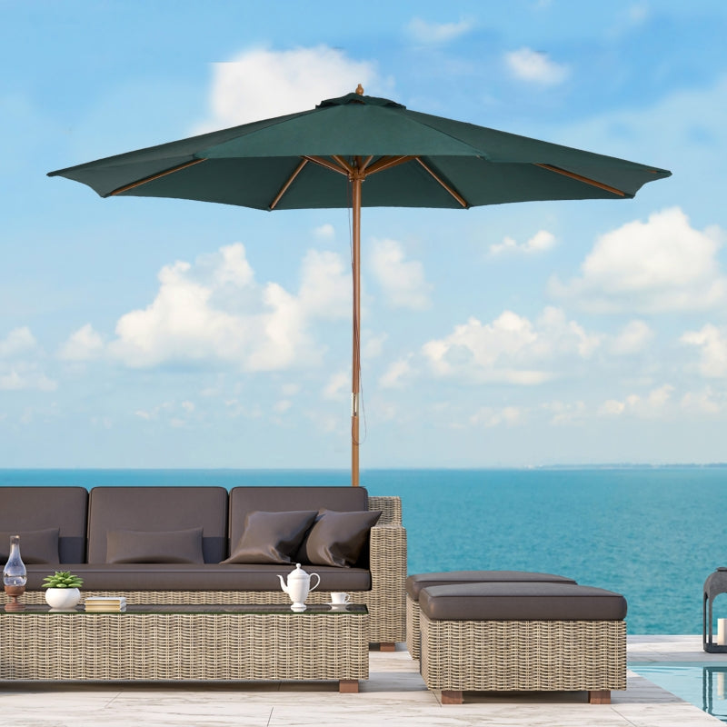 Dark Green 3m Wooden Patio Umbrella with Pulley Mechanism