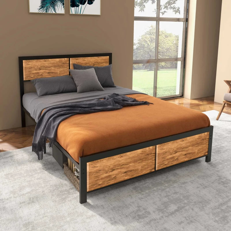 Industrial Double Bed Frame 5FT Steel Base with Headboard & Footboard, Slatted Support, Under Bed Storage, Rustic Brown 142x195cm