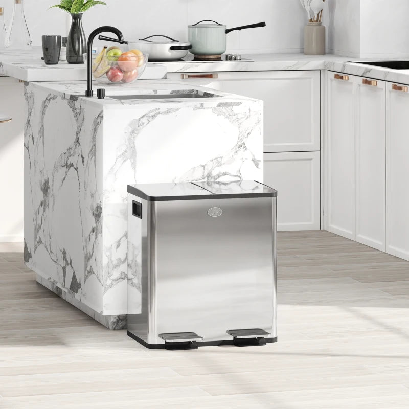 40L Dual Compartment Stainless Steel Trash Bin with Deodoriser Holders - Sleek Silver Tone for Kitchen & Office