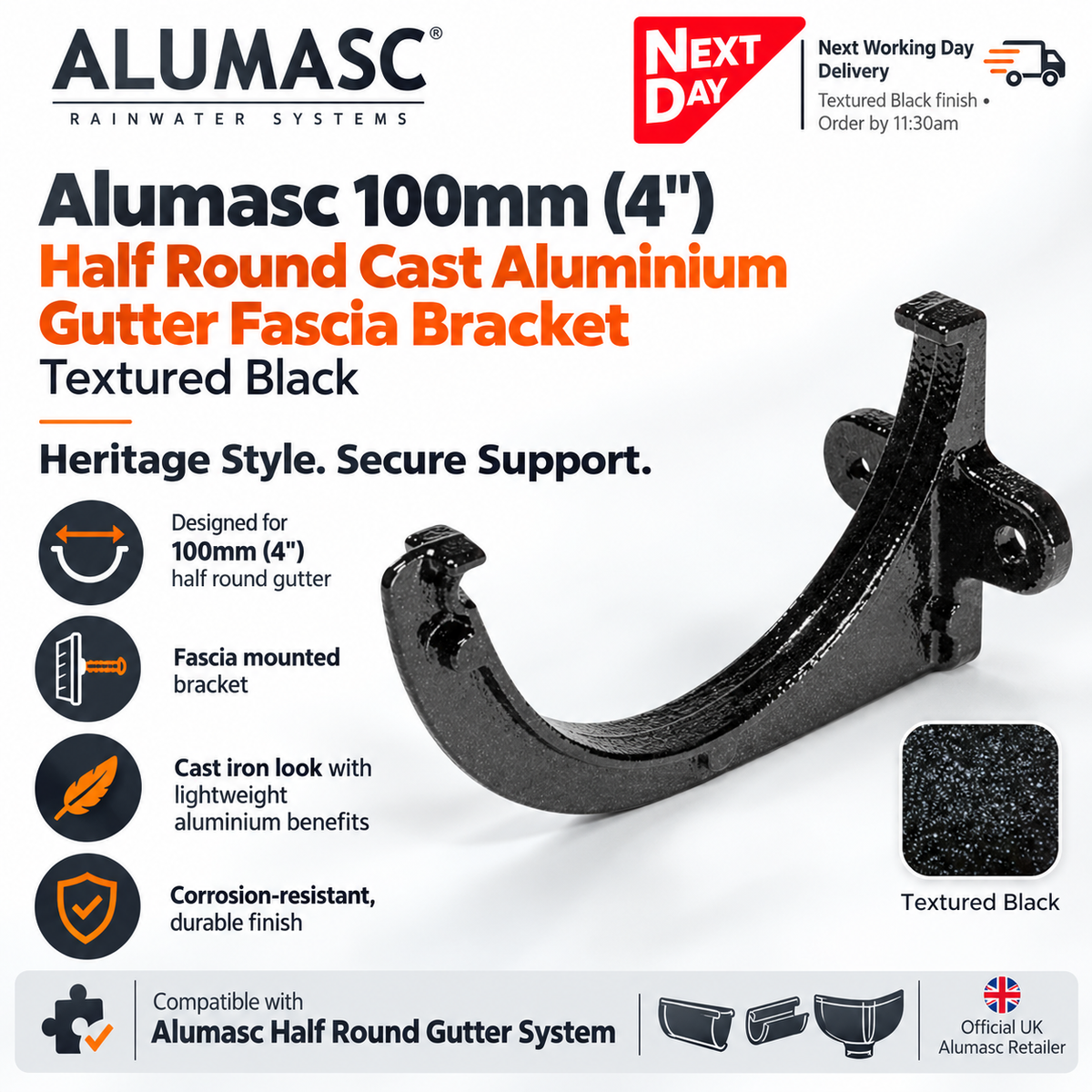 Alumasc 100mm (4") Half Round Cast Aluminium Gutter Fascia Bracket - Textured Black