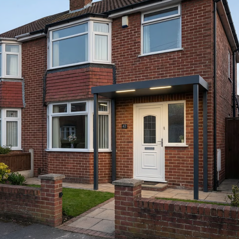 240 x 120cm Aluminium Canopy with 4 Posts and LED Strip-light - RAL 7016 Anthracite Grey