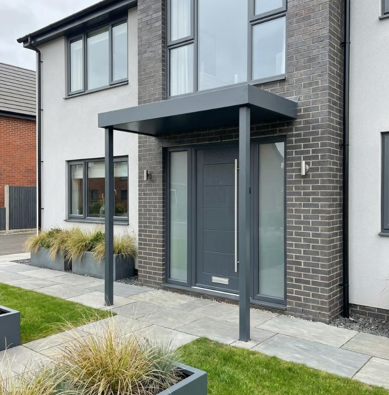 Aluminium Canopy with 2 Posts and LED Strip-light - RAL 7016 Anthracite Grey - Next Day Delivery