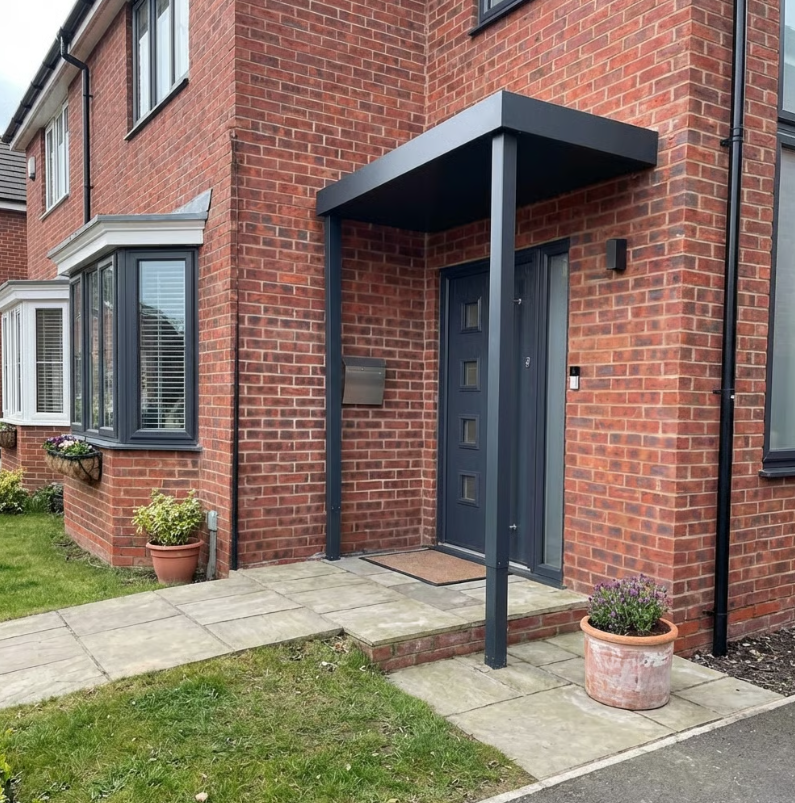 Aluminium Canopy with 2 Posts and LED Strip-light - RAL 7016 Anthracite Grey - Next Day Delivery