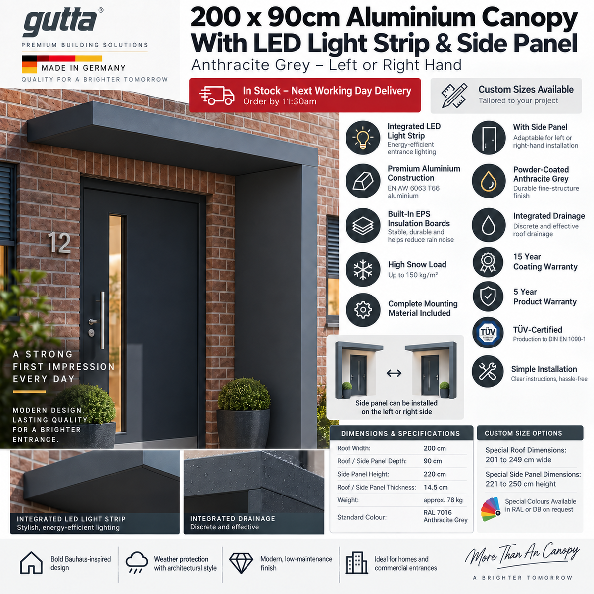 200x90cm Aluminium Canopy With LED Light Strip & Side Panel - Anthracite Grey (Left or Right)