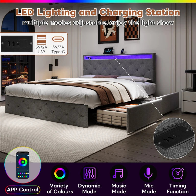 Modern Grey Double Upholstered Bed with Storage Drawers & Adjustable Button Tufted Headboard - 200L x 142W x 109H cm