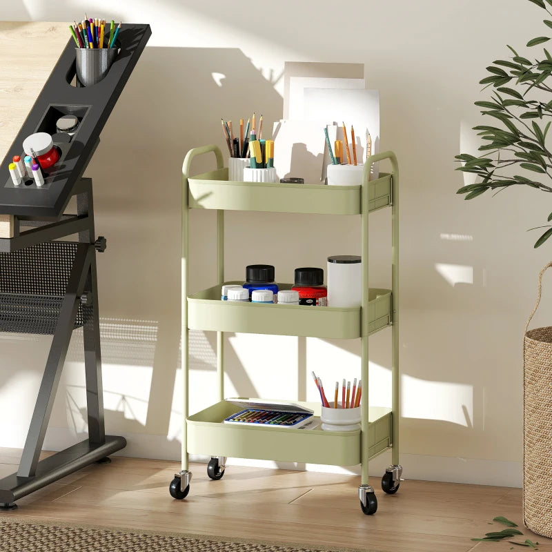 Three-Tier Green Steel Storage Trolley - Versatile Organizer Cart for Home, Office, Kitchen & Garage