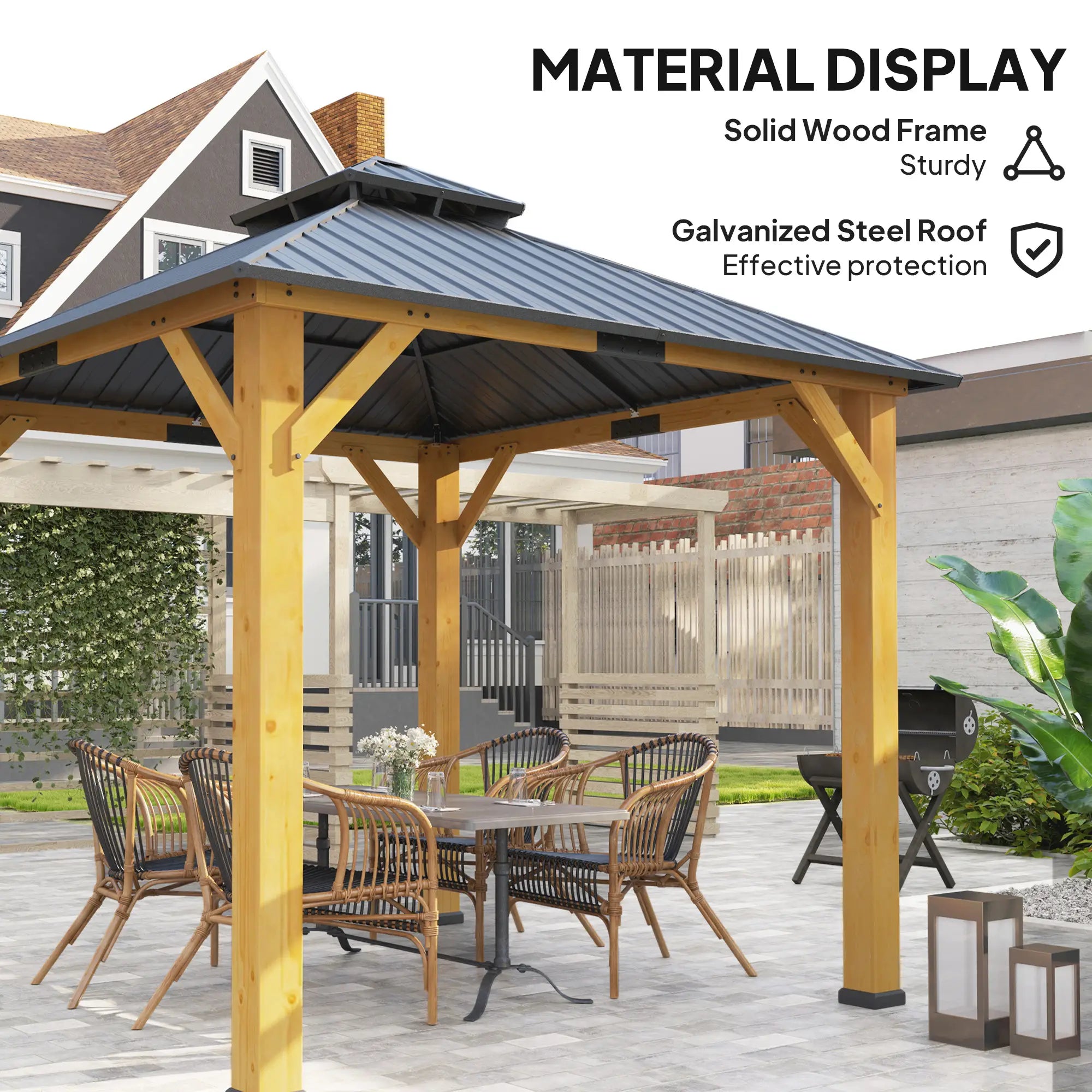 Grey 3m x 3m Hardtop Gazebo Canopy with 2-Tier Roof and Solid Wood Frame