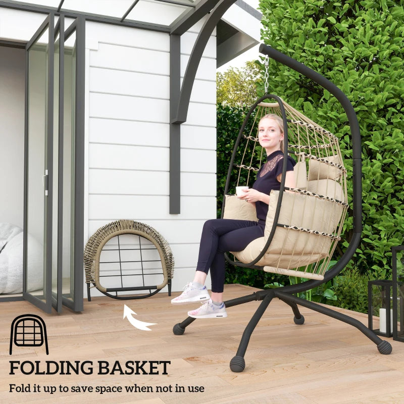 Hanging Egg Chair - Khaki - Outdoor Indoor Garden Swing Chair with Stand, Folding Basket, Thickened Cushion, Headrest & Cup Holder - Perfect for Patio & Balcony