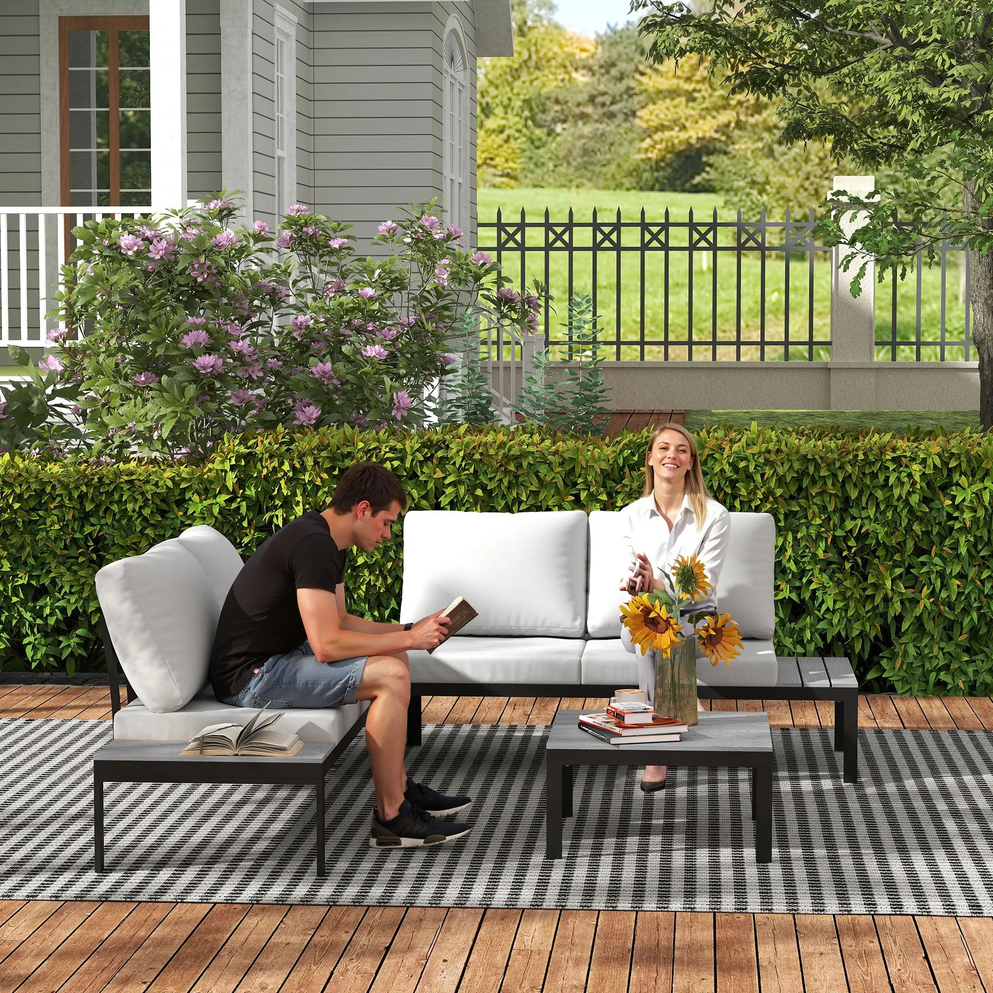 Grey Four-Piece Garden Corner Sofa Set with 2 Loveseats and 2 Coffee Tables