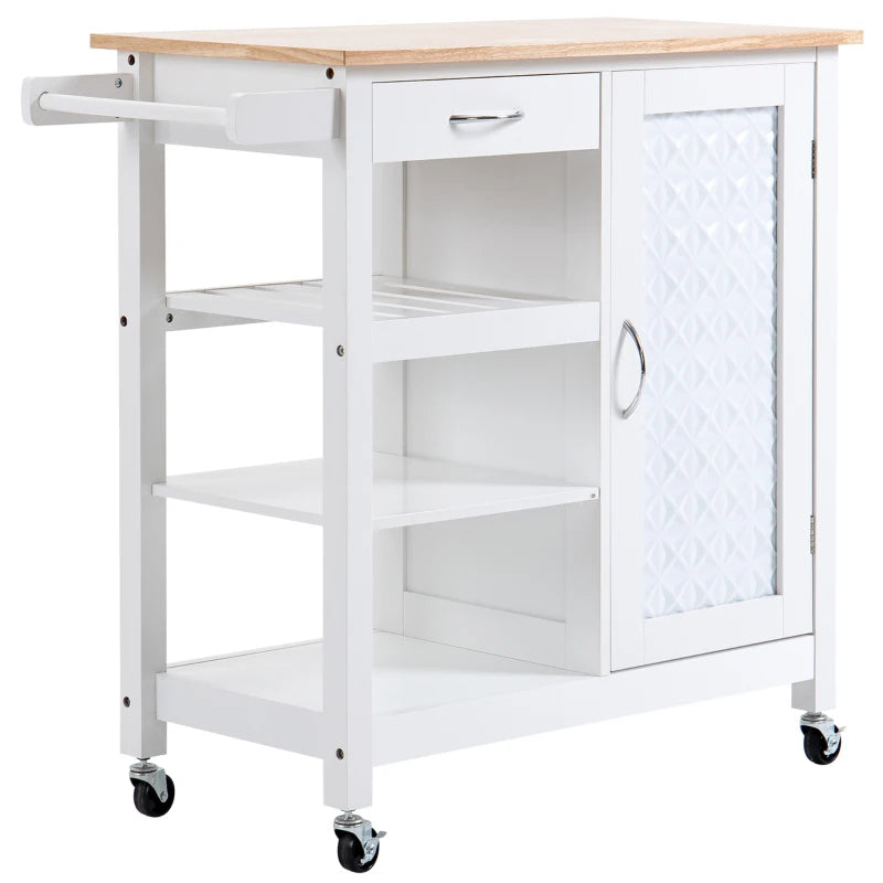 White Kitchen Trolley on Wheels - Utility Kitchen Island Cart with 3 Storage Shelves & Embossed Door Panel