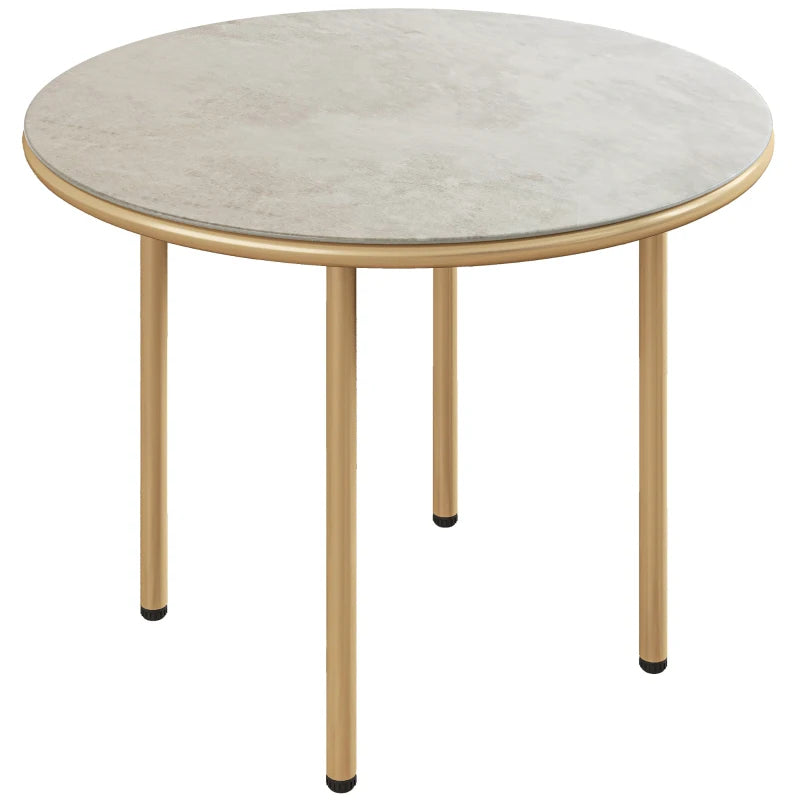 60cm Round Small Garden Table - Outdoor Side Table with Faux Marble Top, Steel Frame, Beige