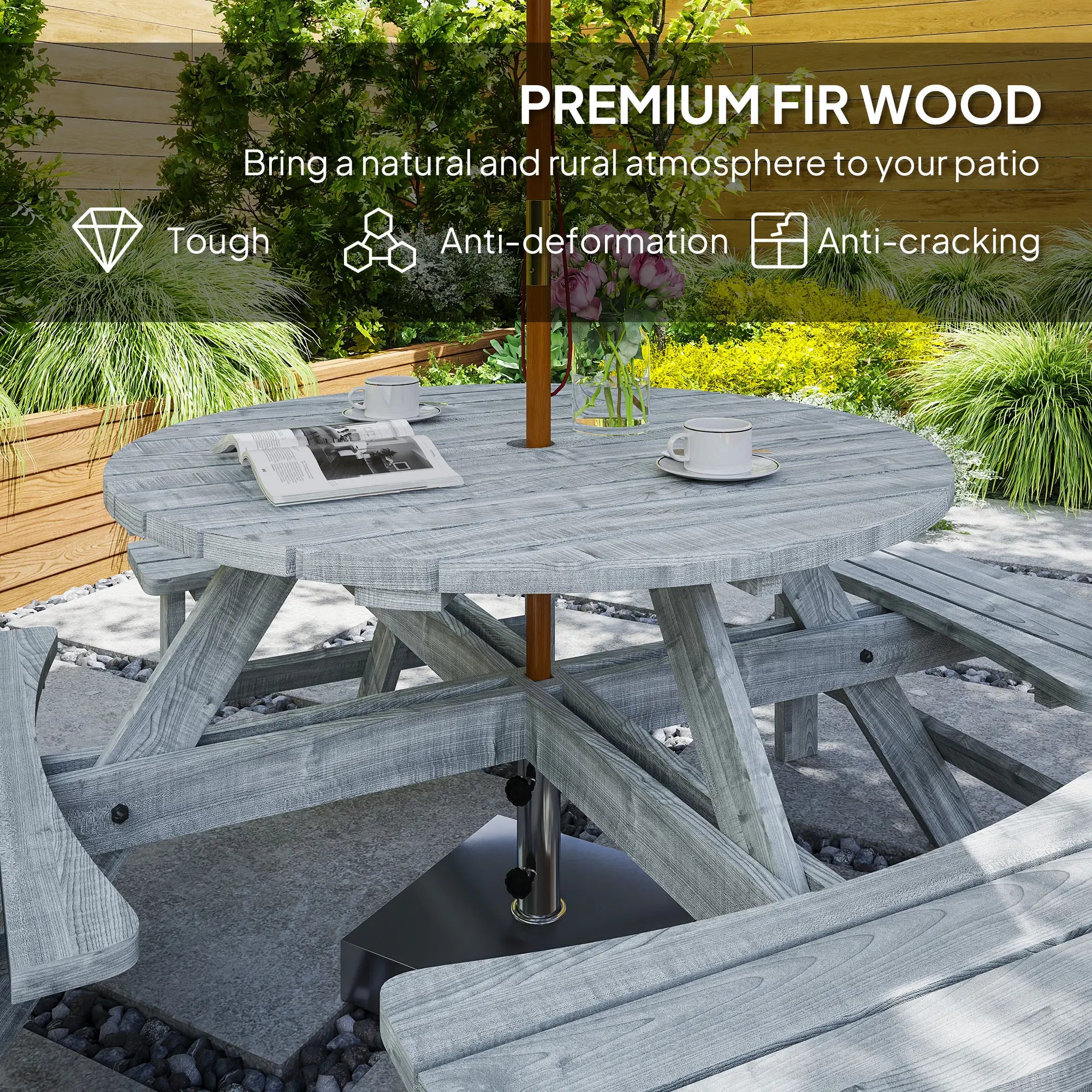 Grey Fir Wood 8-Seater Wooden Picnic Set -  Slatted Tabletop - Suits 8 People