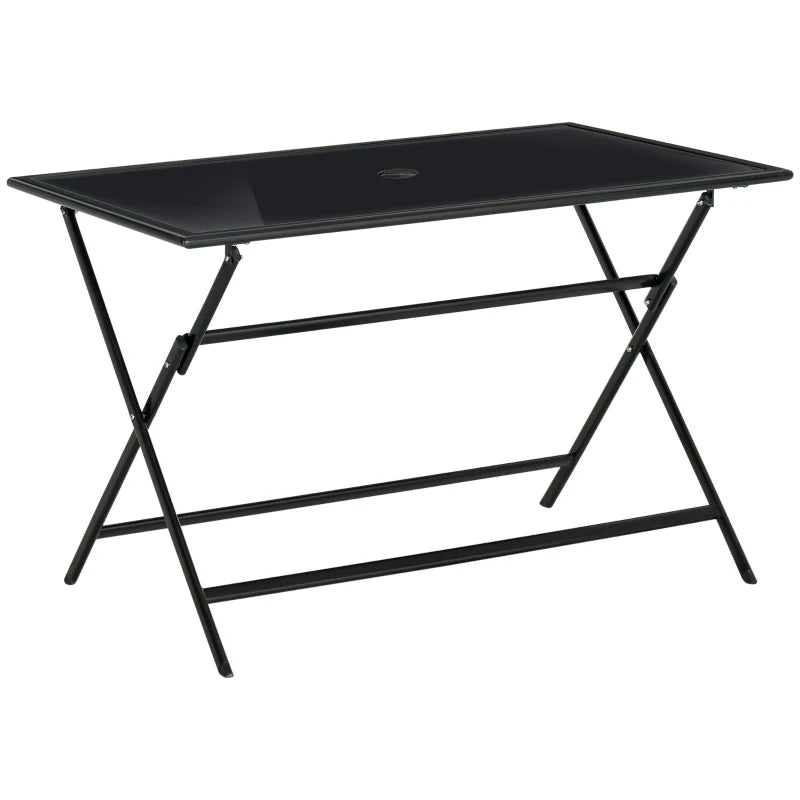 6-Person Black Glass Top Outdoor Dining Table with Parasol Hole