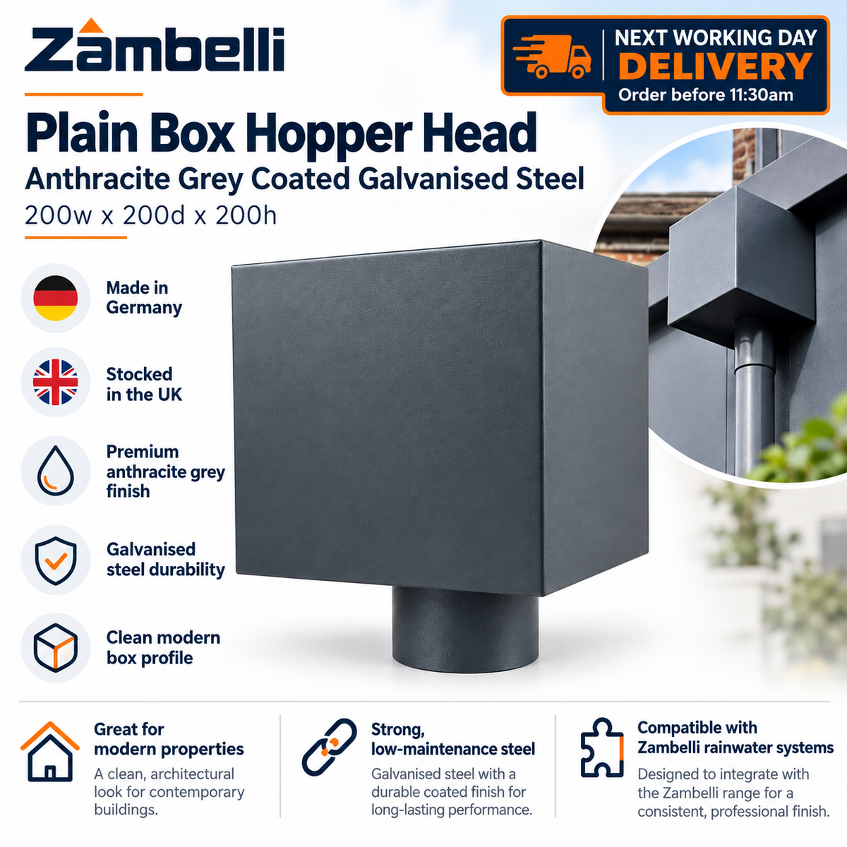 Zambelli Anthracite Grey Coated Galvanised Steel Plain Box Hopper Head 200w x 200d x 200h with 100mm Outlet