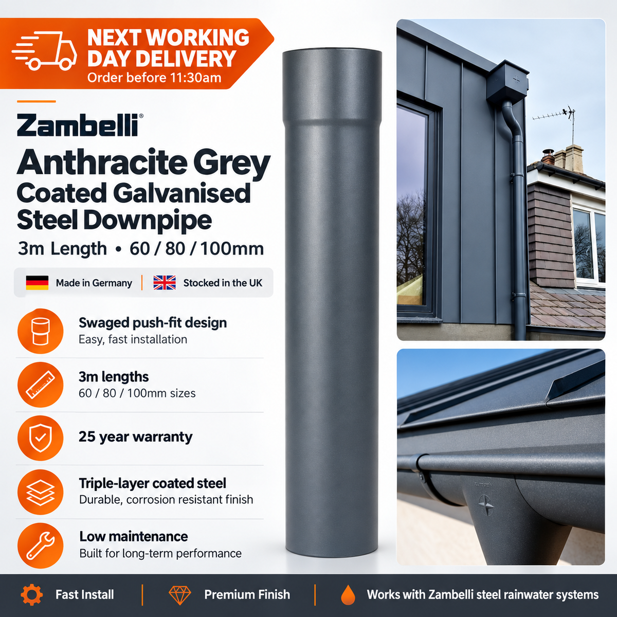 Zambelli 60mm Anthracite Grey Galvanised Steel Downpipe 3m Length