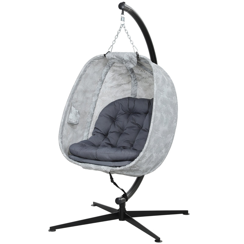 Hanging Egg Chair - Grey Outdoor Indoor Garden Swing Chair with Folding Basket, Stand, Thickened Cushion & Cup Holder