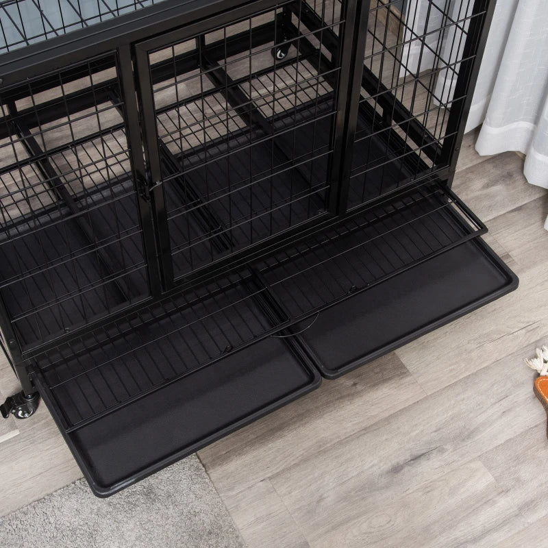 43" Heavy Duty Metal Dog Crate with Tray & Wheels - Large Black Pet Kennel for Dogs