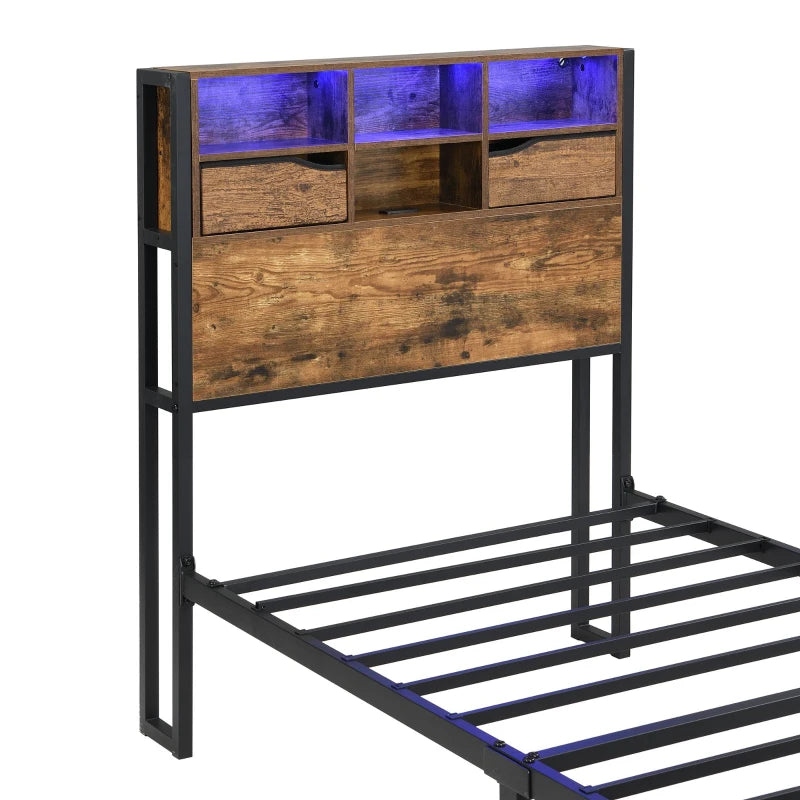 Modern Metal Single Bed with LED Lights & USB Charging Ports, Sturdy Iron Slats, Black & Natural, 209x90.5x114.5 cm