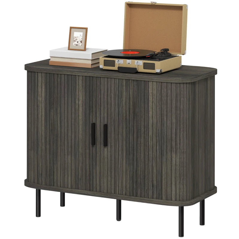 Mid-Century Modern Sideboard Storage Cabinet with Slatted Tambour Doors & Steel Legs - Stylish Grey Kitchen Cabinet