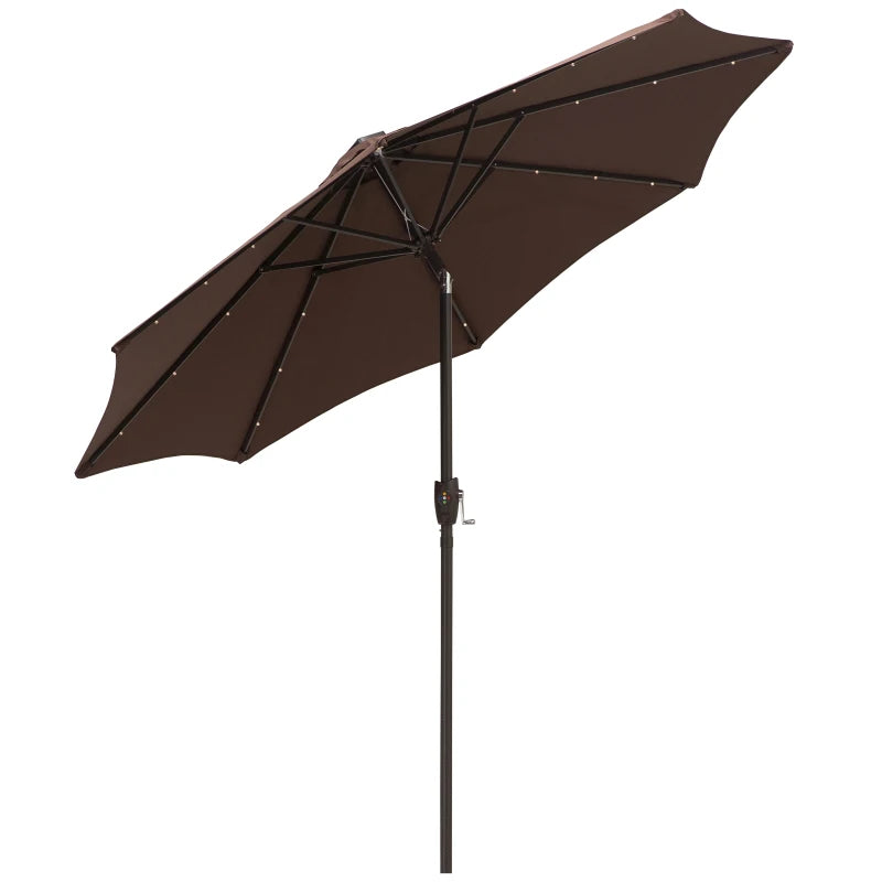 Brown Solar LED Light Tilt Patio Umbrella with Hand Crank - 2.7m
