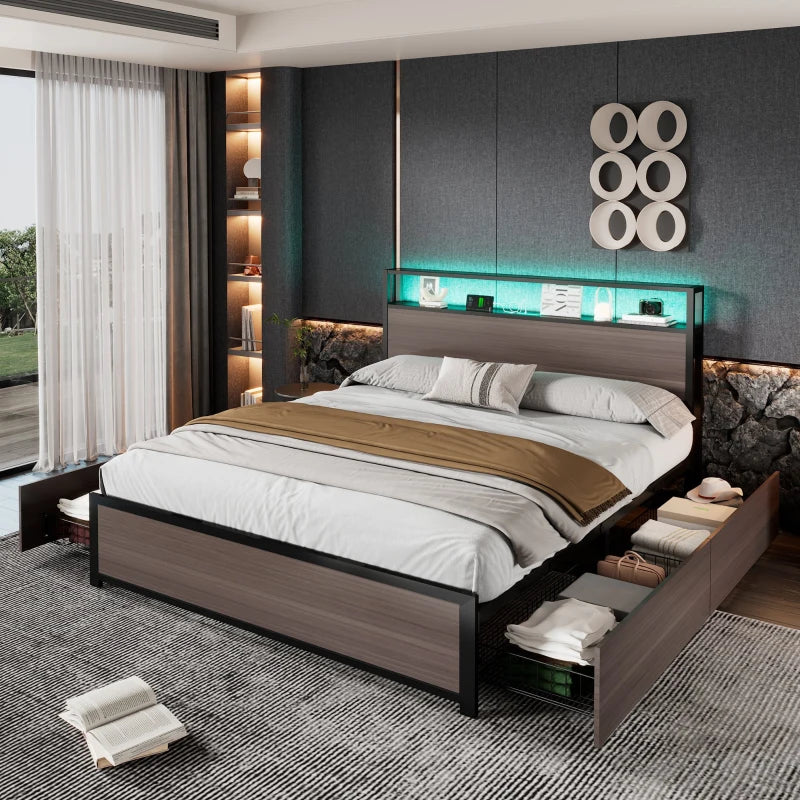 Metal Double Bed with LED Light Strip, 4 Drawers & 3 USB Ports - Stylish Gray Bedroom Furniture, 207x135.5x105 cm