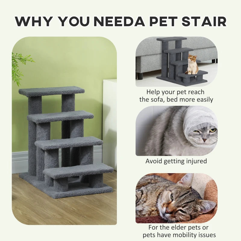 4-Step Dog Stairs for Bed & Sofa - Pet Climb Ladder, Grey, 63x43x60 cm - Ideal for Dogs & Cats