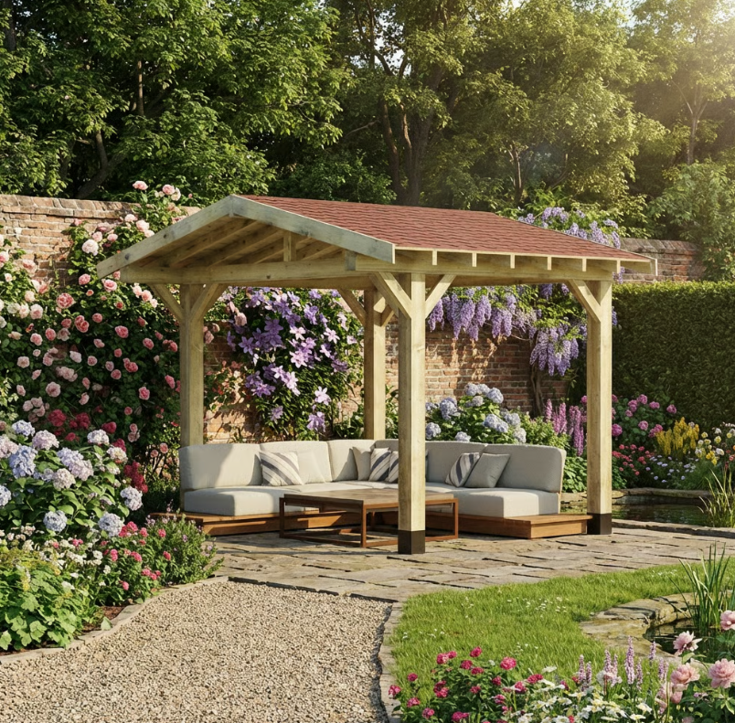 Ruby Wooden Apex Gazebo with Katepal Red Shingle Roof & Overhang - Premium Garden Gazebo