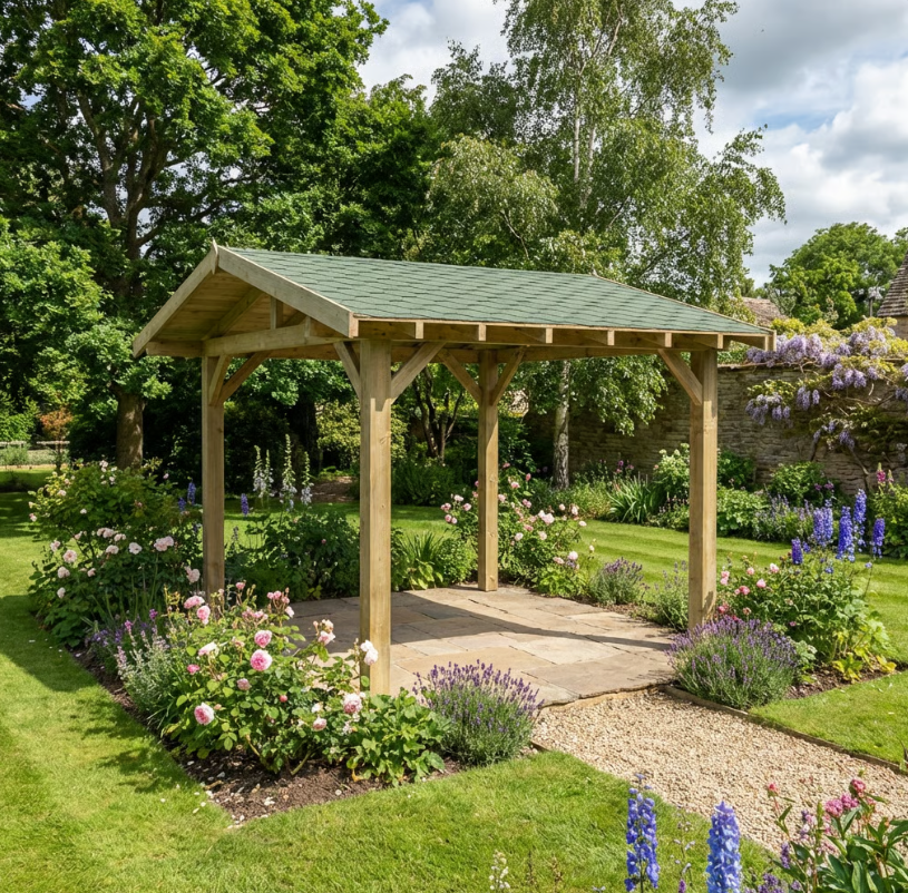 Ruby Wooden Gazebo - Katepal Green Shingle Roof - Apex Design - No Overhang