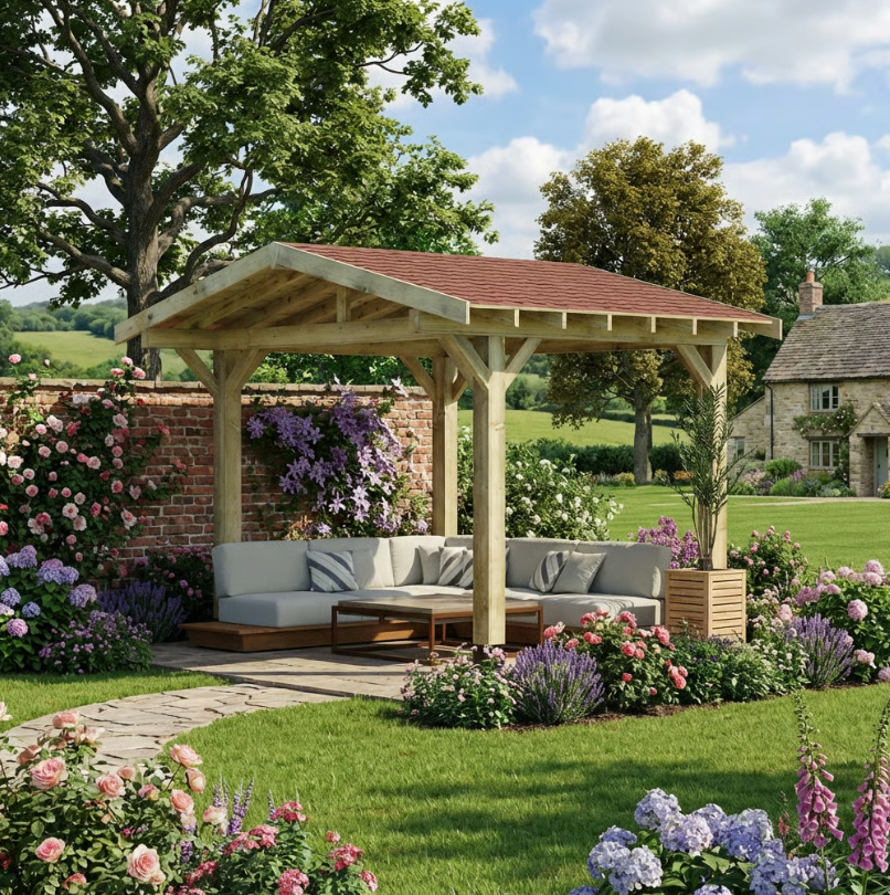 Ruby Wooden Apex Gazebo with Katepal Red Shingle Roof & Overhang - Premium Garden Gazebo