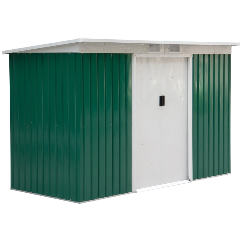 Deep Green 9ft x4 ft Metal Outdoor Garden Shed with Floor Foundation, Ventilation System, and Double Doors