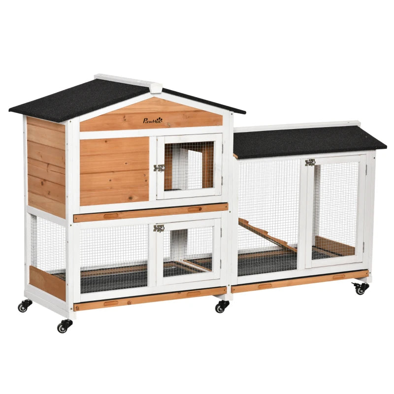 Outdoor Rabbit Hutch with Run - 2-Tier Guinea Pig Cage on Wheels, No-Leak Tray, 157.4x53x99.5 cm - Yellow